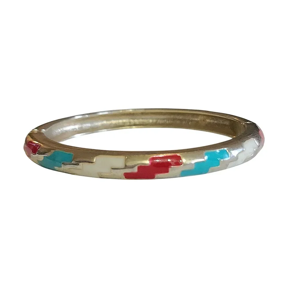 Vintage Silver Tone Hinged Enamel Bracelet Aztec Pattern